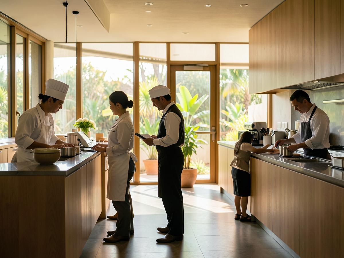 Hotel employees from different departments at work